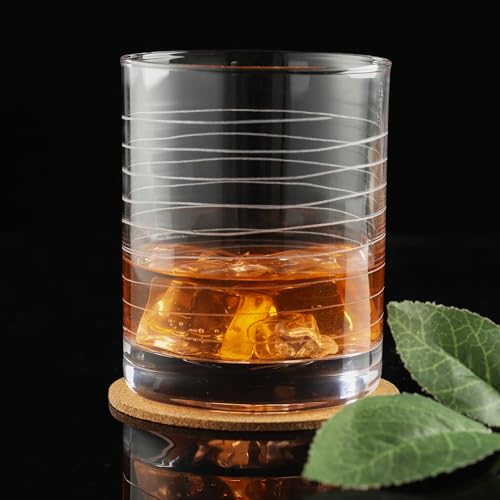 Joeyan YKG0069D Hand Blown Etched Whiskey Glasses,Old Fashioned Tumblers With Stripes Dots Pattern,Clear Carved Rocks Glasses,Scotch Bourbon Glassware thumb #1