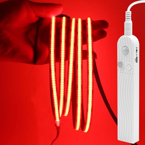 GQL Motion Sensor COB LED Strip Lights - PIR 5V Battery or USB Powered, Self-Adhesive for Closet Wardrobes Cabinets Stairs (Red, 5m)