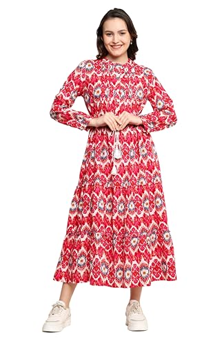 Handmade Hand Block Printed Cotton Full Sleeve Maxi Dress Gift for Women Red