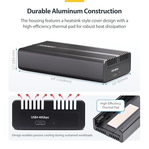 Image of StarTech USB4 40Gbps M.2 NVMe SSD Enclosure (1USB4-NVME-ENCLOSURE) | External USB-C /Thunderbolt host, Aluminum heatsink with thermal pad, B+M and M-Key, PCIe Gen 4, 2230 to 2280