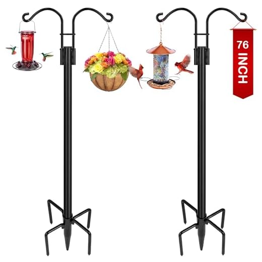 Double Shepherds Hooks for Outdoor, 2-Pack Heavy Duty Two Sided Garden Pole for Hanging Bird Feeder, Plant Baskets, Solar Light Lanterns, Garden Plant Hanger Stands with 5 Base Prongs （77 inch）
