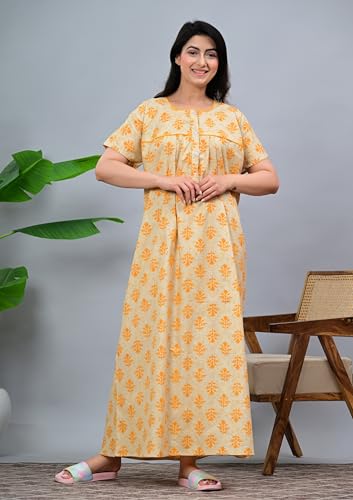 Image of DIAMO Pure Cotton Designer Nighty for Women | Night Gown | Nightdress | Maxi Nighty | Sleepwear | Jaipuri Nighty | Nighties | Cotton Night Gown for Women /Girls with Jaipuri Block Print