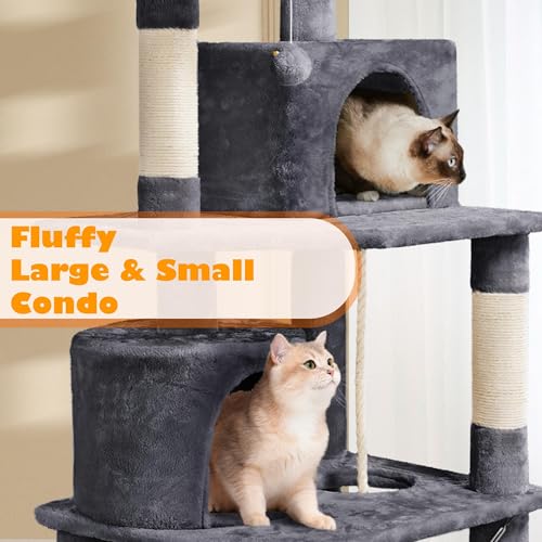 Yaheetech Cat Tree, 62.5in Multi-Level Cat Tower with 2 Cat-Ear Shaped Perches, 2 Cozy Condos, Scratching Posts & Hammock, Sturdy Indoor Activity Center for Multiple Cats, Dark Gray - Image 4