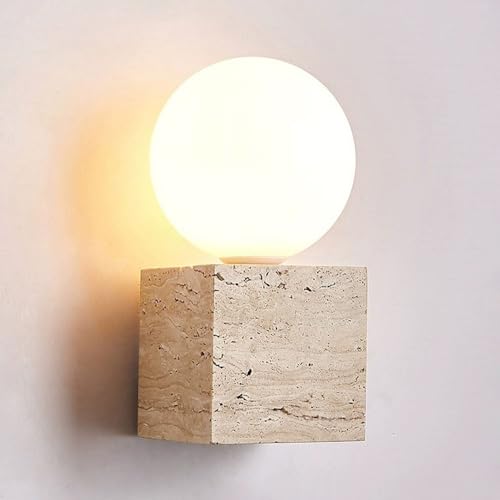 Jadssox Aplique de pared de piedra, lámpara de pared de vidrio con forma de globo, lámpara de pared cuadrada, apliques de pared de travertino amarillo natural, accesorio de iluminación de pared nórdic