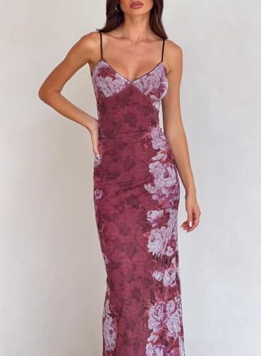 Image of ABINGOO Women Vintage Spaghetti Strap Maxi Dress Sexy Low Cut Backless Floral Satin Slip Long Dress Y2k Cami Bodycon Dresses