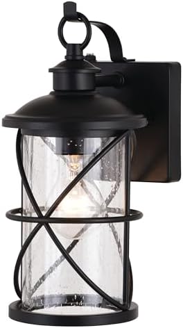 VAXCEL Adams 12 in. H 1-Light Black Dusk to Dawn Sensor Traditional Outdoor Wall Sconce, Durable Steel, Clear Seeded Glass Shade, LED Compatible for Exterior Porch Patio Front Door or Garage