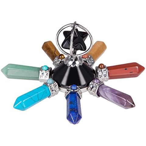 TUMBEELLUWA 7 Chakra Hexagonal Crystal Point Merkaba Pyramid Energy Generator for Healing, Reiki Balancing and Meditation, Black Obsidian Cover