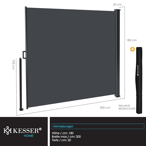 KESSER® Seitenmarkise ausziehbar Markise 180 x 300 cm Blickdicht Sichtschutz & Windschutz für Garten Balkon & Terrasse, Seitenrollo mit Wandhalterung, inkl. Wettercover & Montagezubehör, Dunkelgrau