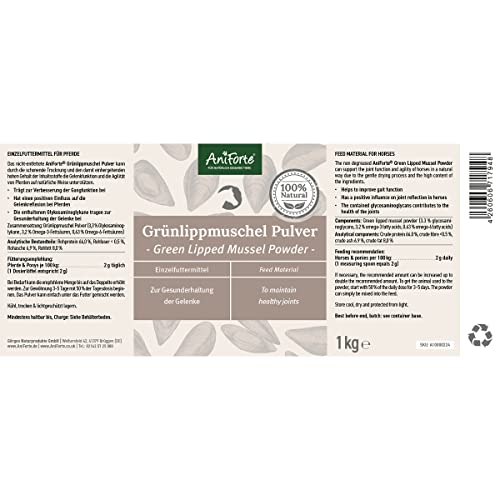 AniForte Grünlippmuschel Pferd 1kg - Natürliches Grünlippmuschelpulver in Vollfettqualität, Omega 3 & 6 Fettsäuren, Glycosaminoglycane 3,3%, Grünlippmuscheln Pferd unterstützt Gelenke & Gelenkfunktion