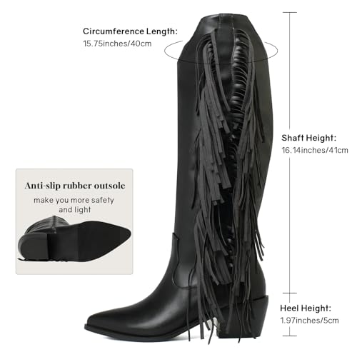 Image of KiutSymo Cowgirl Fringe Boots For Women White Tassels Cowboy Boots Knee High Pointed Toe Western Boots
