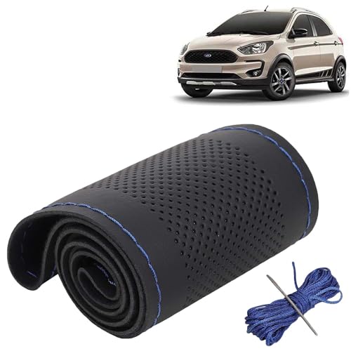 Image of KINGSWAY PU Leatherite Car Steering Cover Sewable Compatible with Ford Freestyle (Year 2018-2021), Black Color with Blue Thread, Pack of 1 with Sewing Needle and Thread
