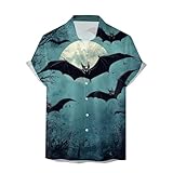 [Yindaity] ハロウィン シャツ メンズ 血 カボチャ ホラー 柄シャツ ゆったり 大きいサイズ トップス 前開き 総柄 カジュアル プリントシャツ 人気 おしゃれ アロハシャツ オープンカラー 通気 ハワイアンシャツ ファッション 余興 イベント(#A-ブルー,L)