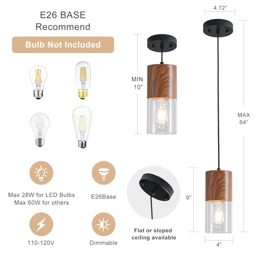 Image of Modern Pendant Lights for Kitchen Island, Adjustable Pendant Light Fixtures with Brown Wood Grain, Industrial Clear Glass Pendant Lights for Dining Table Hallway Bedroom Living Room,1 Pack