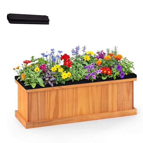 Image of HAPPYGRILL Wood Raised Garden Bed, Rectangular Planter Box w/Drainage Holes & Liner for Growing Flowers Vegetables, Outdoor Indoor Gardening Kit for Patio Backyard Balcony (1, 28" x 9.5" x 10")