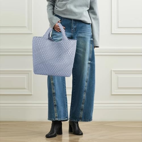 Image of Women's Vegan Leather Tote Bag - Handmade Woven Beach Bag, Travel Handbag with Purse & Top Handle Hobo Tote(Light Blue)