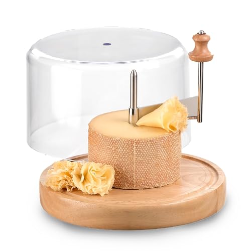 Iris Barcelona Cortador de Queso Horizontal con Tabla de Madera Redonda y Tapa Transparente, Eje Central Giratorio con Cuchilla para Cortar Virutas y Flores de Queso Ø22cm