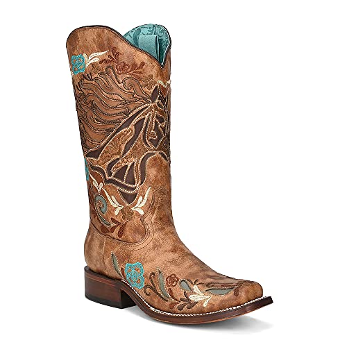CORRAL LADIE'S SAND HORSE INLAY & MULTICOLOR EMBROIDERY SQ. TOE IRIDESCENT COLLECTION, LEATHER SOLE, WESTERN A4266