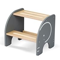 Wooden Step Stool - Two Step Stools Toddler 250 lbs Capacity with Safety Non-Slip Pads - Potty Training Stool for Bathroom Sink, Bedroom, Kitchen Dual Height Step Stools for Kids(Elephant|Gray)
