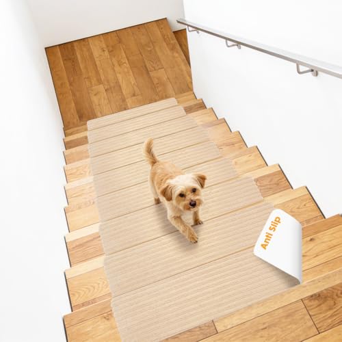 DASIAUTOEM Stufenmatten 15 Stück, rutschfest, Selbstklebend, Treppenteppich für Kinder Älteste Haustiere, Beige Dunkelgrau, 55x22cm (Beige)