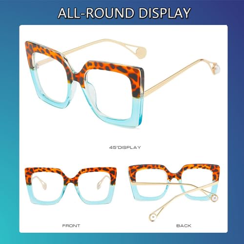 Image of Oversized Square Blue Light Blocking Glasses for Women Thick Fashion Pearl Inlay Arm Eyewear Computer Eyeglasses