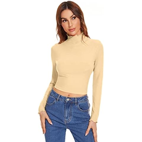 Crop Sweater for Women Mock Turtleneck for Women Long Sleeve Crop Tops for Women Beige Large Cover
