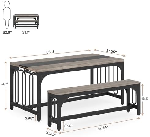 Tribesigns Dining Table Set for 4, Farmhouse Kitchen Table with 2 Benches, 3-Piece Dining Room Table Set with Metal Frame for Breakfast Nook and Small Spaces, Grey