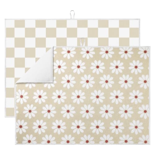 Image of Domensi 2 Pcs Daisy Microfiber Dish Drying Mat Absorbent Reusable Washable Extra Large Kitchen Counter Beige Draining Mat Diamond Pad for Coffee Bar Kitchen Decor 18x24 Inch