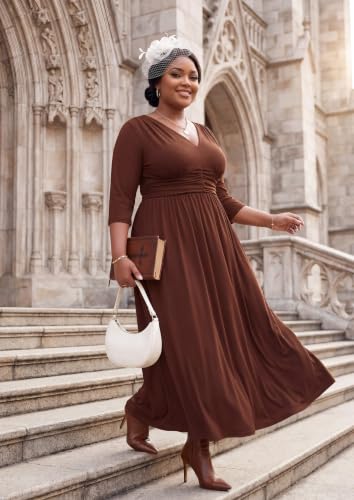 Image of Runwind Plus Size Maxi Dress 3 /4 Sleeve V-Neck Pleated Faux Buttons Pockets
