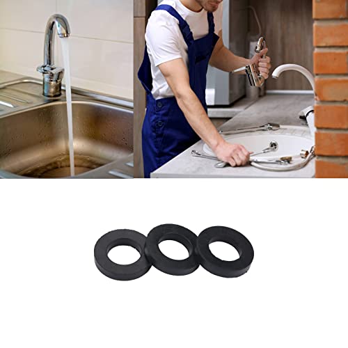 Collage showing a kitchen sink with running water, a plumber working on a bathroom sink, and three flat rubber washers.