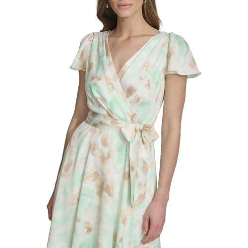 Image of DKNY Women's Flutter Sleeve Surplice Tie Fit & Flare Midi Dress