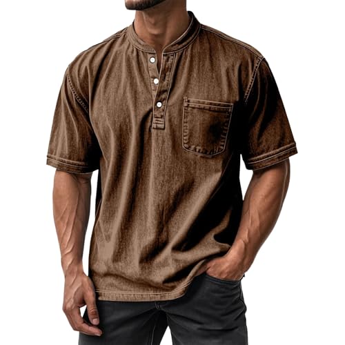Chemise délavée marron XXL avec poche avant et boutons classiques Henley