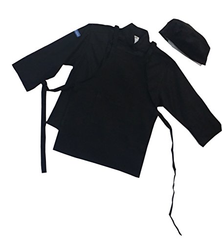 Chefskin Jet Black Twill Children Chef Set: Jacket, Apron & Hat, Lightweight Soft Fully Adjustable Reg (6-8 Yrs Old) #TOP4