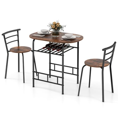 COSTWAY Table de Cuisine avec Chaise pour 2 Personnes, Table Cuisine Petit Espace avec Porte-Bouteilles, Table à Manger Ronde Cadre en Métal pour Bistro,...