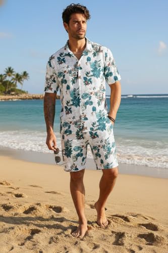 Image of Zilcon Men's Matching Set Summer Beach 2 Piece Outfits Floral and Palms Button Down Shirts and Shorts Goa Vacation Outfits