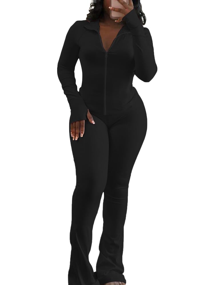 HBQ Women's 2 Piece Tracksuit Sets Long Sleeve Zip Up Crop Tops and Flare Pants Casual Workout Oufit Jogger Loungewear Set3