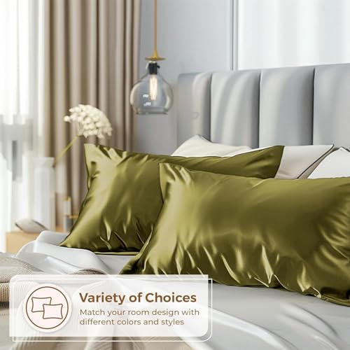Image of Satin Pillow Covers Set of 2 - Soft & Smooth Pillowcases for Hair & Skin Care | Envelope Closure | Includes 3 Free Random Color Scrunchies | Frizz-Free Sleep Essentials (Olive Green)