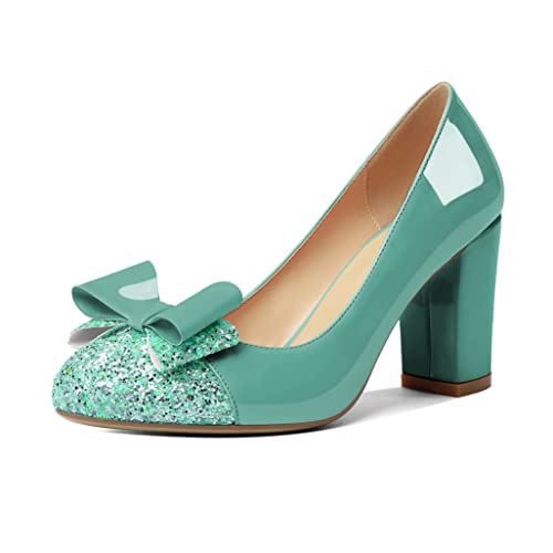 YODEKS Women's Bow Tie Knot Round Toe Pumps Slip On High Heels Cap Toe Chunky Block Heel Shoes Office Party