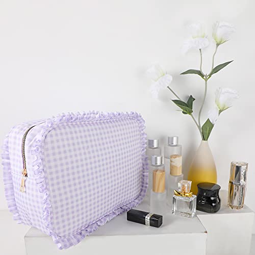EMBRUNIOICE Checkered Makeup Bag, Cute Cosmetic Bag Zipper Makeup Pouch for Travel, Organizer Toiletry Bag for Women (Purple)