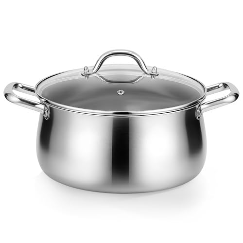 Tifanso Stainless Steel Stock Pot - 8 Quart 3Ply Heavy Duty Large Induction Cooking Pot with Lid for Pasta, Soup, Spaghetti, Nonstick Deep Stockpot, Kitchen Cookware for Stew, Simmer, Canning, Boiling