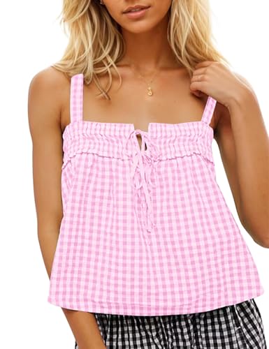 CITASHION Cotton Gingham Tank Tops Cute Plaid Tie Front Tank Tops for Women Checkered Tanks Top Summer Y2k Going Out Top Pink M