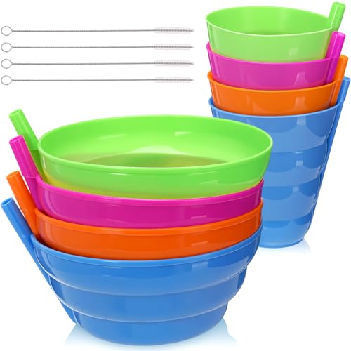 LemonRoad 10 Pcs/4 Set Cereal Bowls with Straws Colorful 16 oz Bowls and 10 oz Cups Both with Built in Straw Includes Cleaning Brushes Reusable Dishwasher for Milk Soup(Round)
