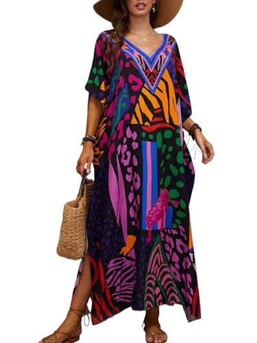 Chunoy Women Floral Print Kaftan V Neck Casual Bathing Suit Kimono Sleeve Side Split Beach Cover Up Caftan Dress