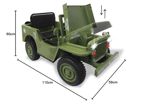 Ride-on Jeep Willys MB Army 12V - Softanlauf, Kofferraum, Schaufel abnehmbar, USB-Anschluss, Bluetooth, Elektroauto