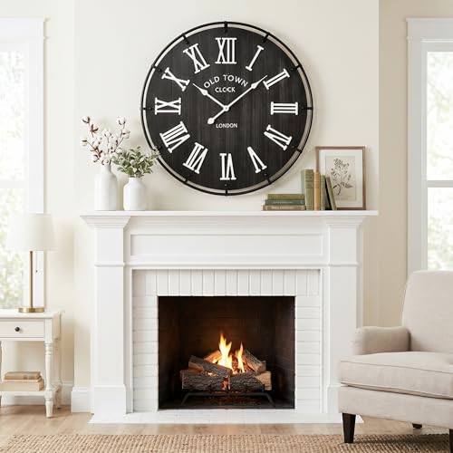 Image of EMAX HOME Inch Large Black Wall Clock, Rustic Distressed Wooden Dial with 3D White Roman Numerals, Silent Sweep Movement, High Contrast Farmhouse Decor for Bedroom, Kitchen, or Dining Room.