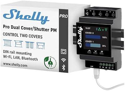Shelly Pro Dual Cover/Shutter PM, Interruptor de persiana Wi-Fi, Bluetooth, LAN, 2 canales - 32A Medidor de consumo integrado, Montaje en carril DIN, Alexa y Google Home, App iOS, Android