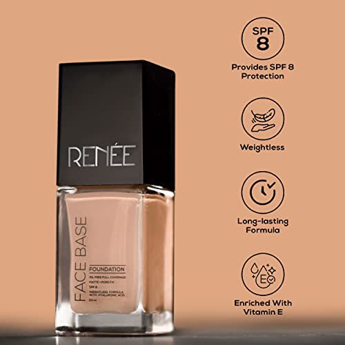 Image of RENEE Face Base Liquid Foundation - Coffee, 23ml | Enriched with Hyaluronic Acid & Vitamin E, Provides SPF 8 Protection, Weightless, Long-lasting Matte Finish