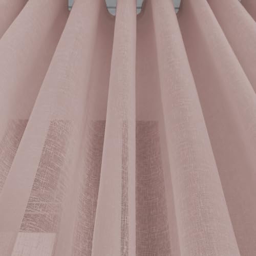 Image of LINENWALAS Aesthetic Sheer Curtains 5 Feet Long Set of 2, Poly Linen Shrink & Fade Proof Drapes for Window, Semi Transparent Modern Panels with Grommet Hanging for Living Room (Baby Pink /5 Feet)