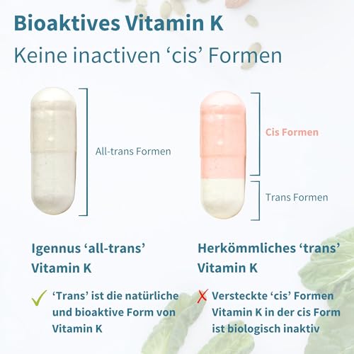 Igennus Hochdosierter Dreifacher Vitamin K Komplex 2700 mcg, Vitamin K1 & K2 (MK-4 & MK-7), bioaktive naturidentische Formen, hochdosiert, Knochen & Herz-Kreislauf-System, Clean Label, 90 Kapseln
