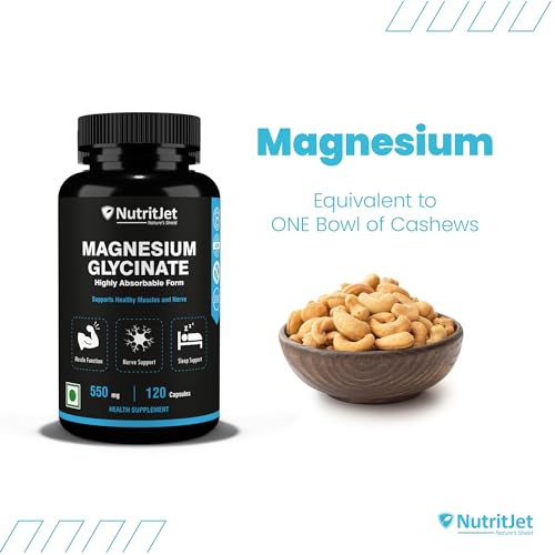 NutritJet Magnesium Glycinate 550mg – 120 Veg Capsules | High Absorption Chelated Magnesium for Sleep, Muscle Cramps, Relaxation & Nerve Health | Gentle on Stomach