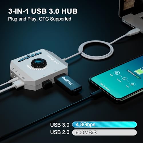 T10 External Sound Card, PHOINIKAS USB Audio Adapter for PC Windows, Mac, Linux, Laptops, Desktops, Stereo Sound Card with 3.5mm Interface & USB Interface, Volume Control, Plug & Play (6-in-1, White)